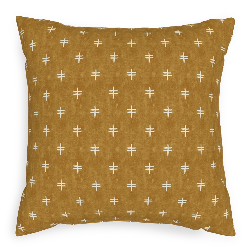 Double Cross Mudcloth Tribal - Mustard Yellow Pillow, Woven, Beige, 20x20, Single Sided, Brown, Brown