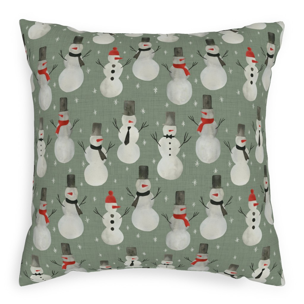 Watercolor Snowmen on Sage Pillow, Woven, Beige, 20x20, Single Sided, Green