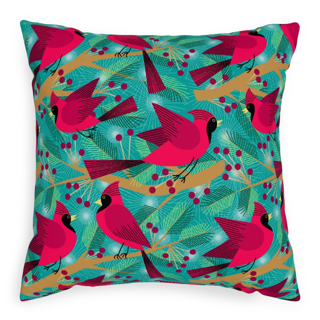 Winter Solstice Cardinals - Green Pillow, Woven, Beige, 20x20, Single Sided, Green