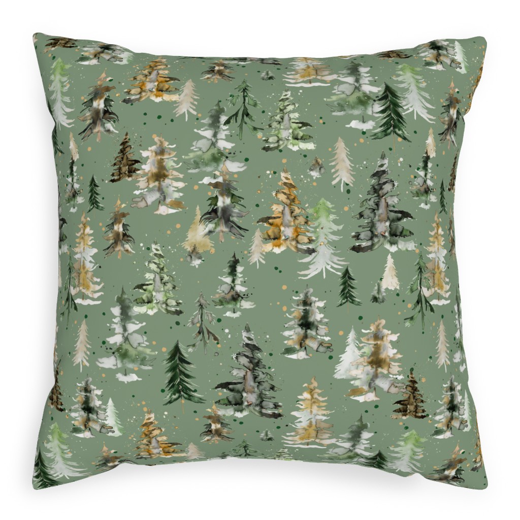 Watercolor Pines and Spruces Christmas - Green Pillow, Woven, Beige, 20x20, Single Sided, Green, Classic Green