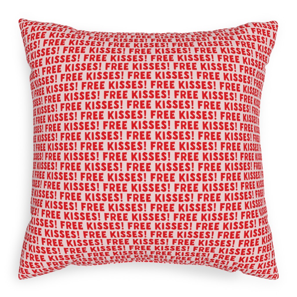 Free Kisses! - Red on Pink Pillow, Woven, Beige, 20x20, Single Sided, Red