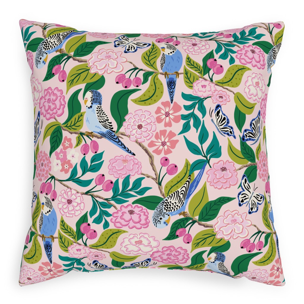 Budgies and Butterflies - Pink and Green Pillow, Woven, Beige, 20x20, Single Sided, Pink