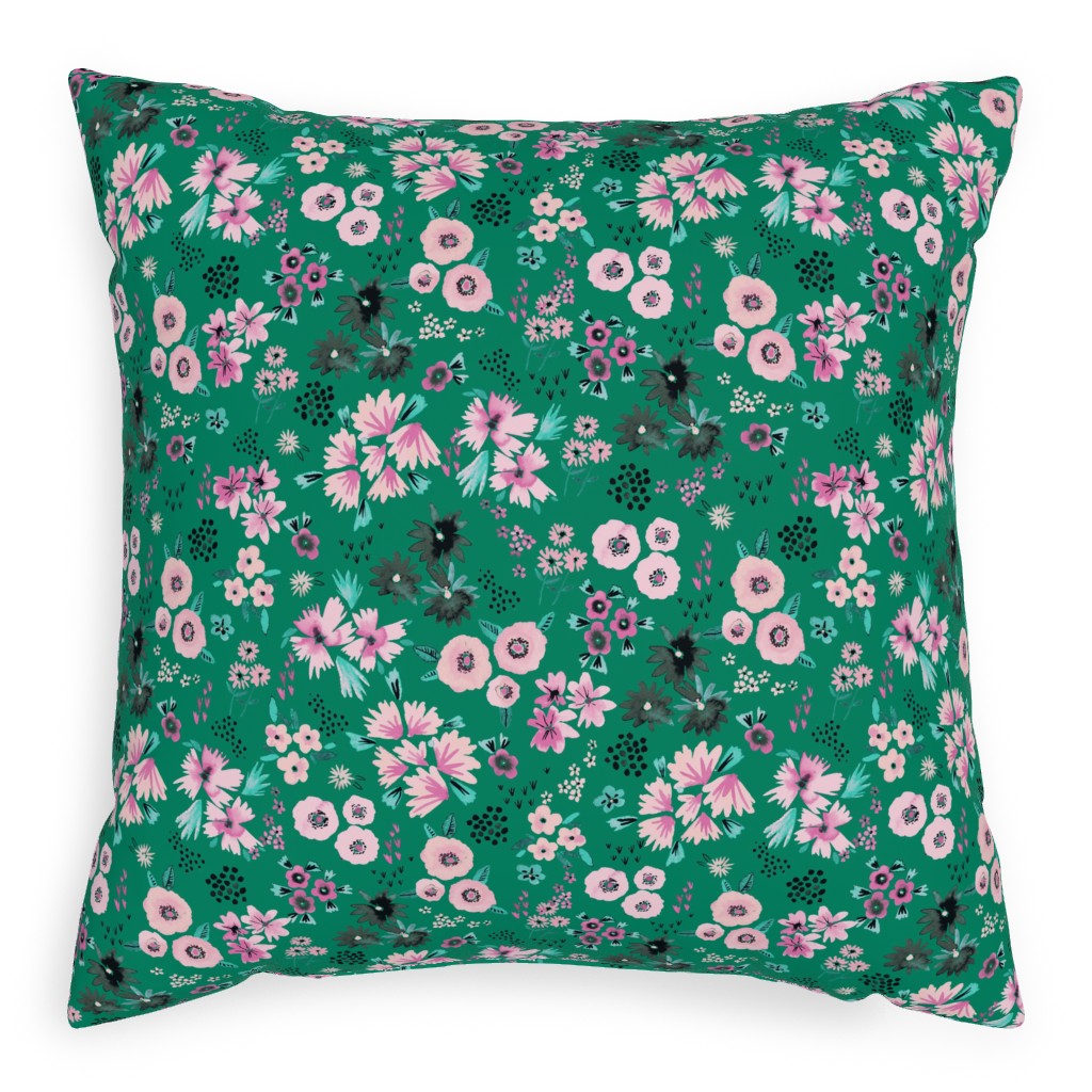 Artful Little Flowers - Green Pillow, Woven, Beige, 20x20, Single Sided, Green, Classic Green