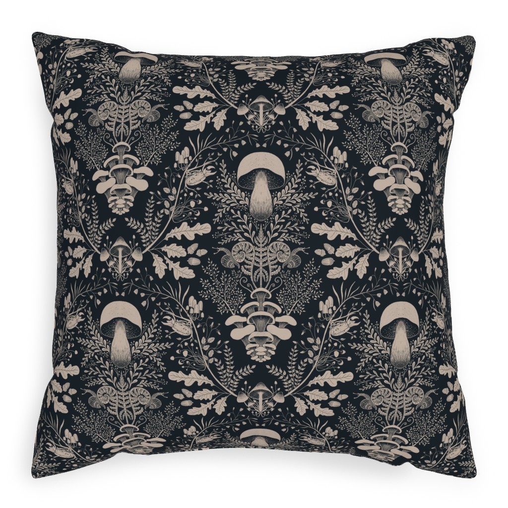 Mushroom Forest Damask - Dark Pillow, Woven, Beige, 20x20, Single Sided, Black, Black