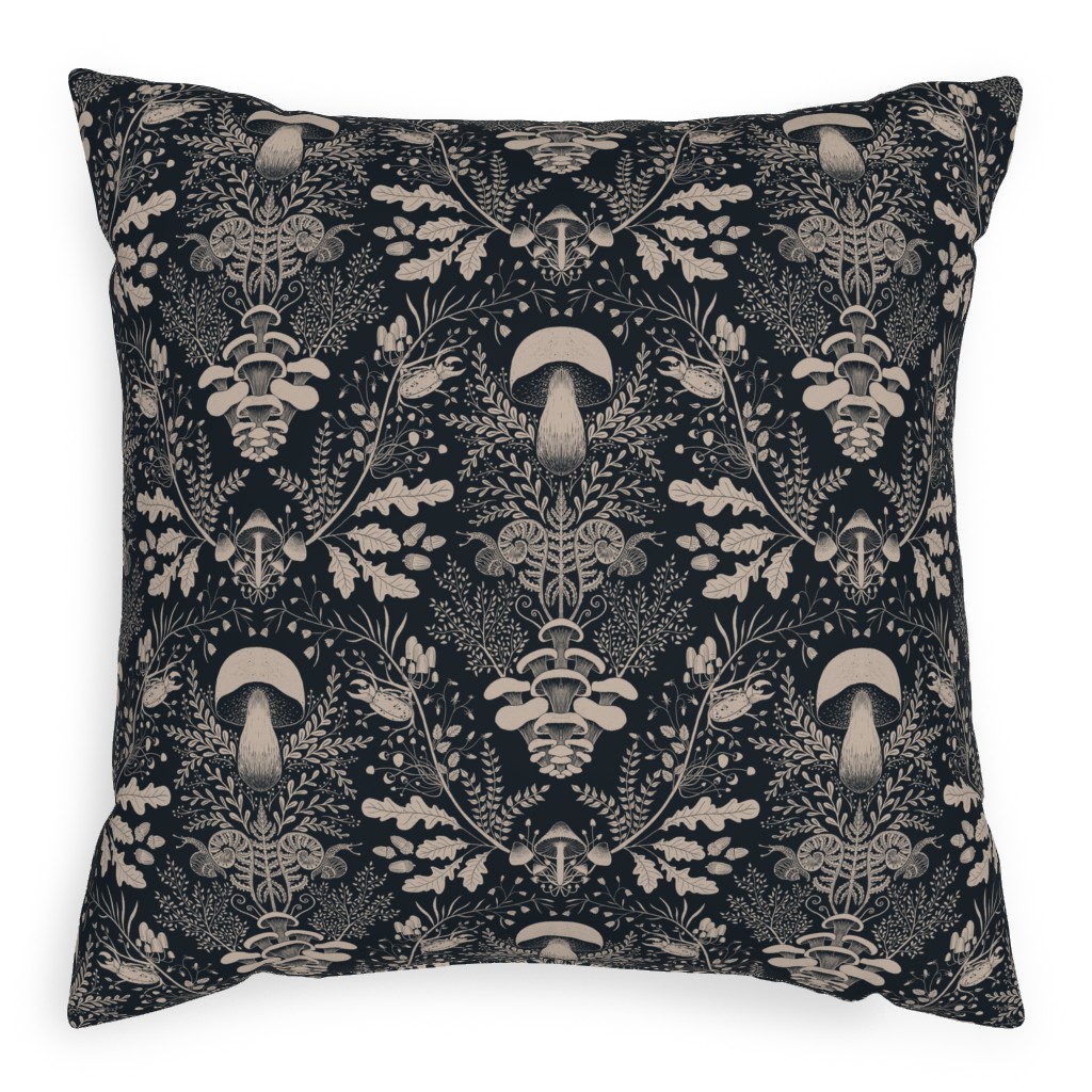 Mushroom Forest Damask - Dark Pillow, Woven, Beige, 20x20, Single Sided, Black