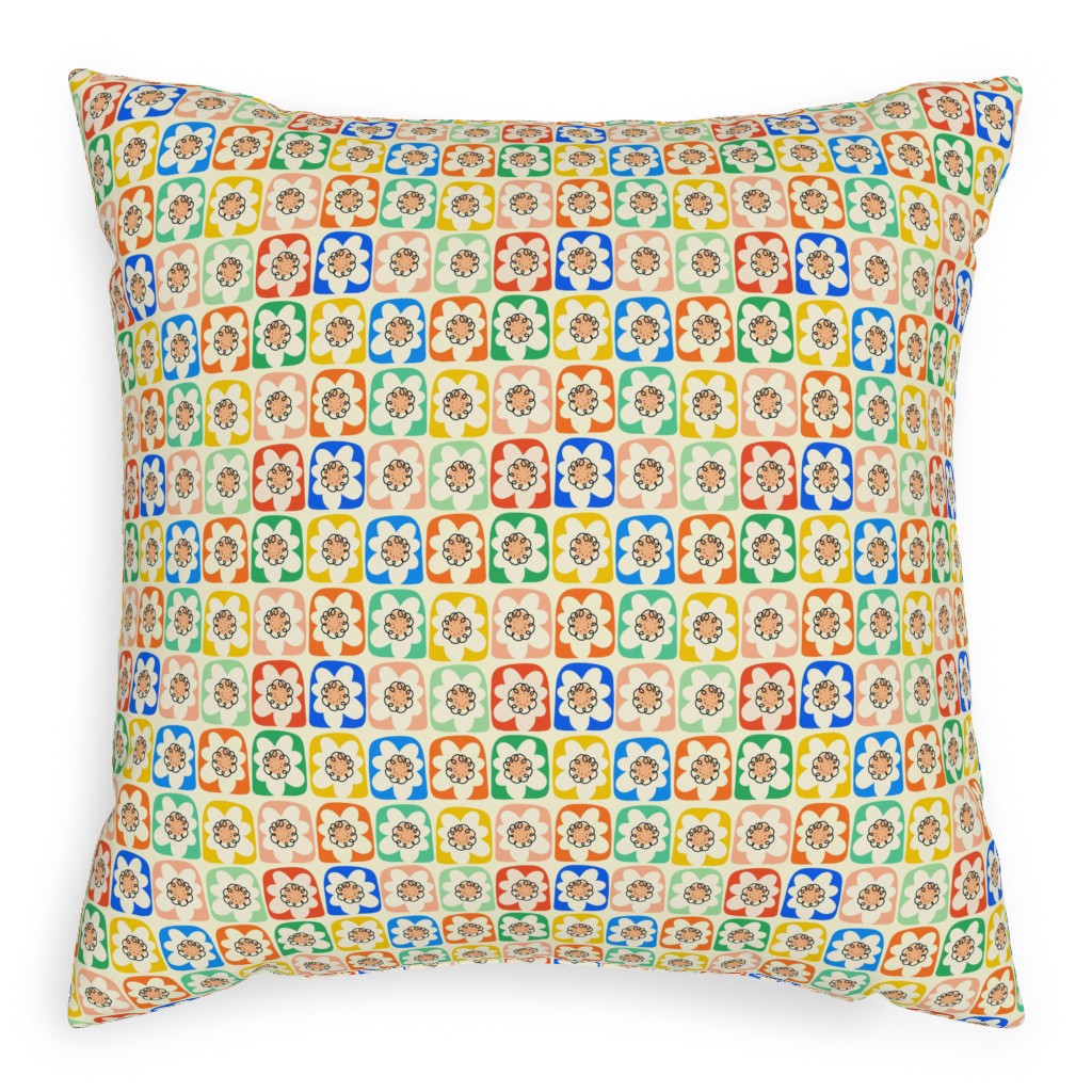 Abstract Retro Flower Doodle Squares - Multi Pillow, Woven, Beige, 20x20, Single Sided, Multicolor