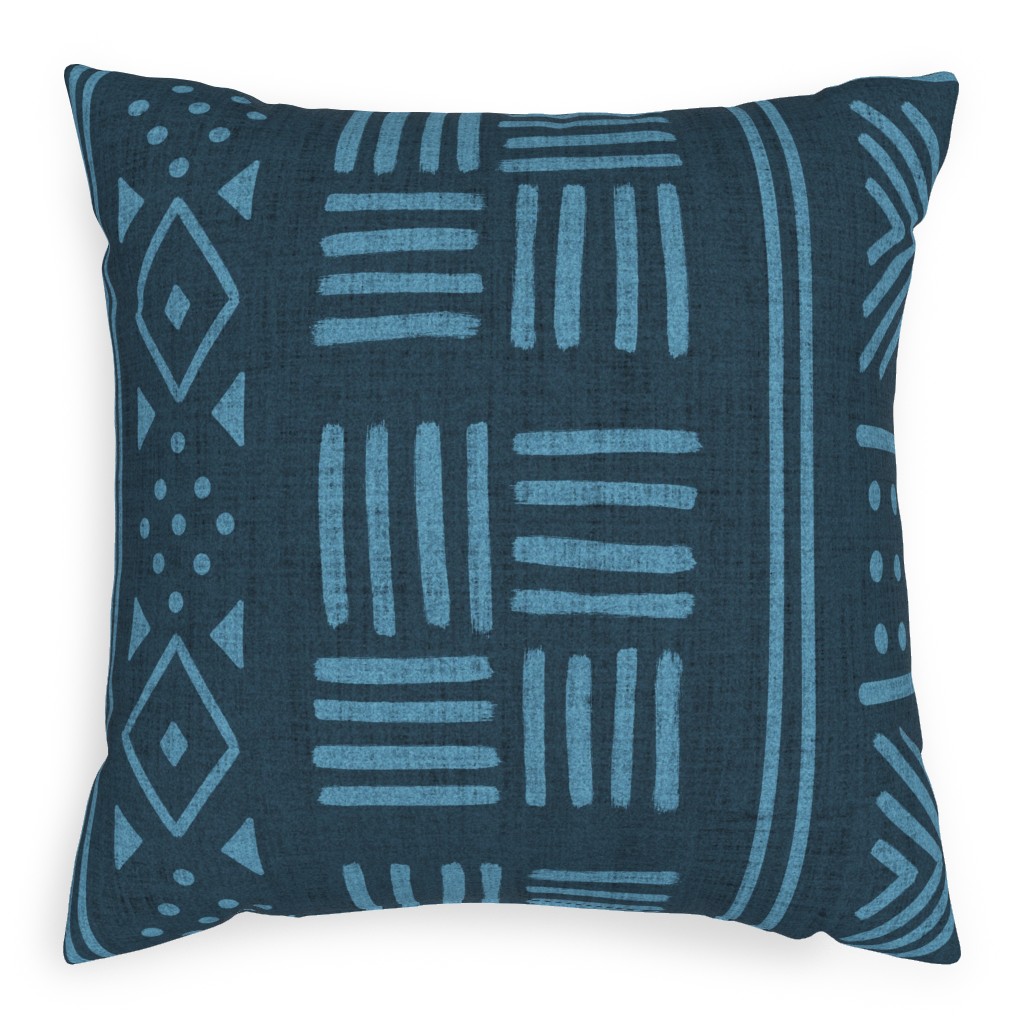 Mudcloth Geometric Motifs Pillow, Woven, Beige, 20x20, Single Sided, Blue, Bluebird