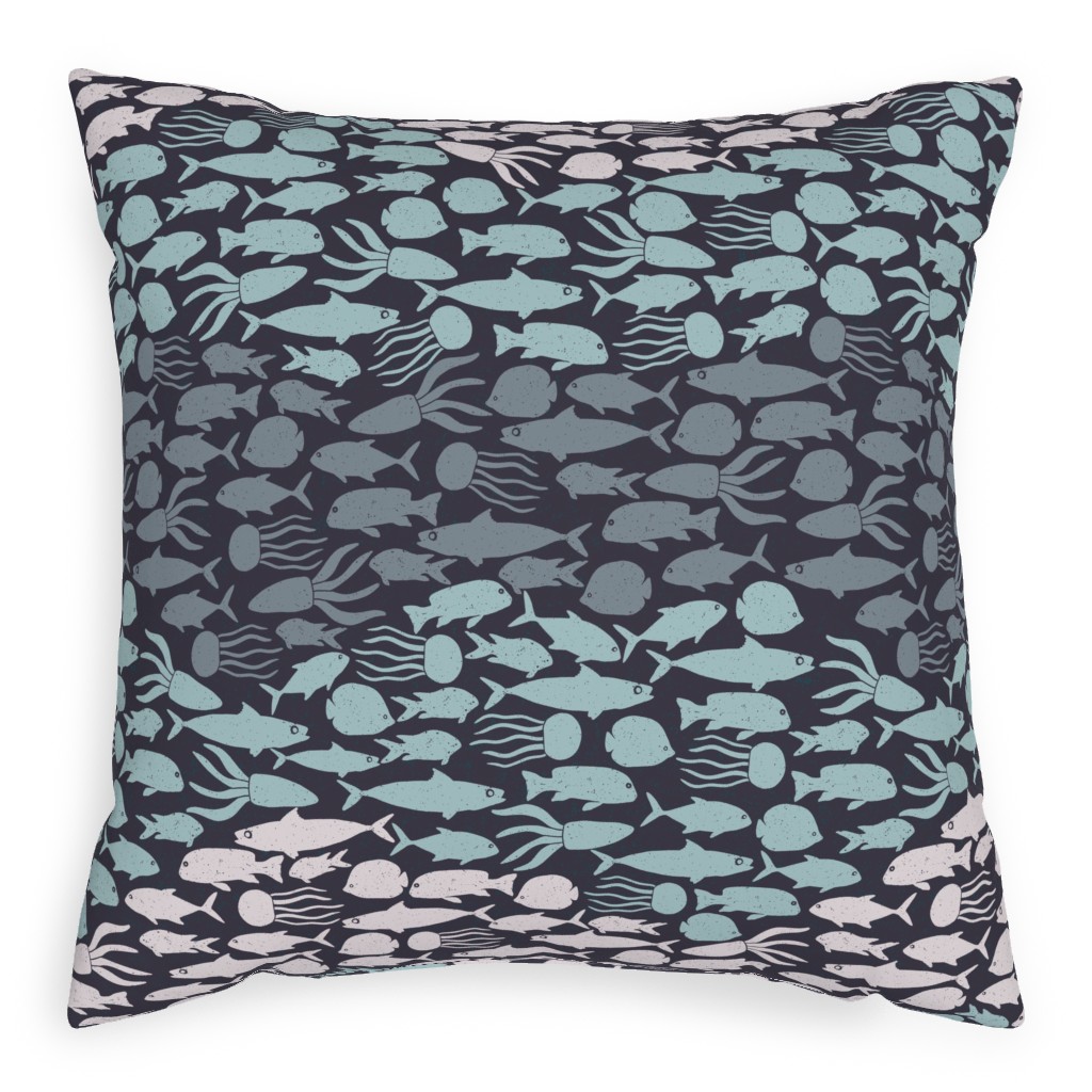Fish School in Gray Aqua Dark Background Pillow, Woven, Beige, 20x20, Single Sided, Blue