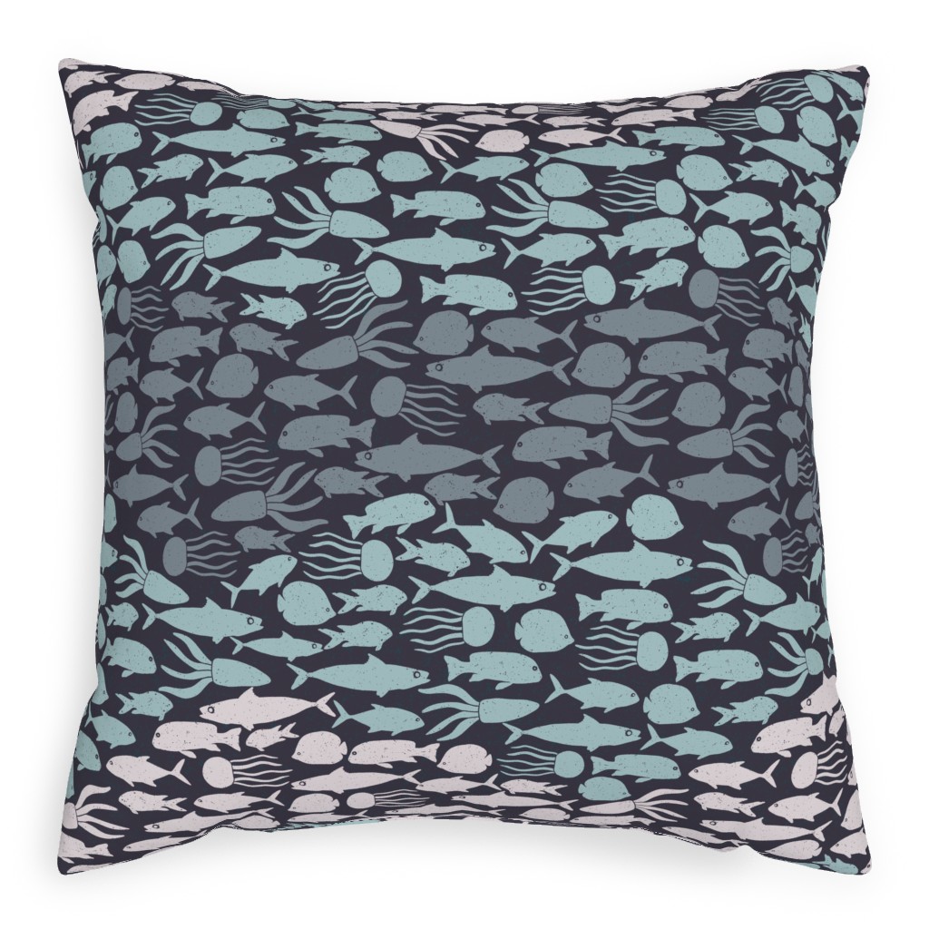 Fish School in Gray Aqua Dark Background Pillow, Woven, Beige, 20x20, Single Sided, Blue, True Blue