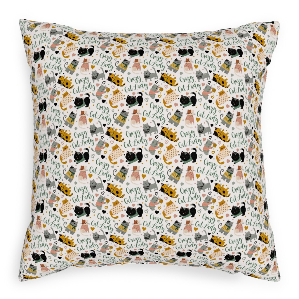 Crazy Cat Lady - Multicolor on Light Pillow, Woven, Beige, 20x20, Single Sided, Multicolor