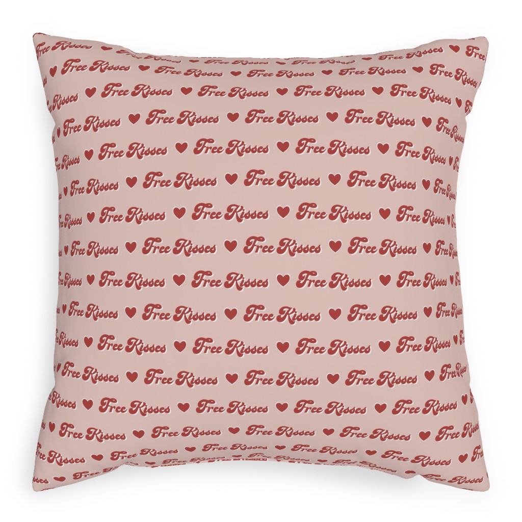 Free Kisses - Retro Hearts - Red on Pink Pillow, Woven, Beige, 20x20, Single Sided, Pink, Bright Pink