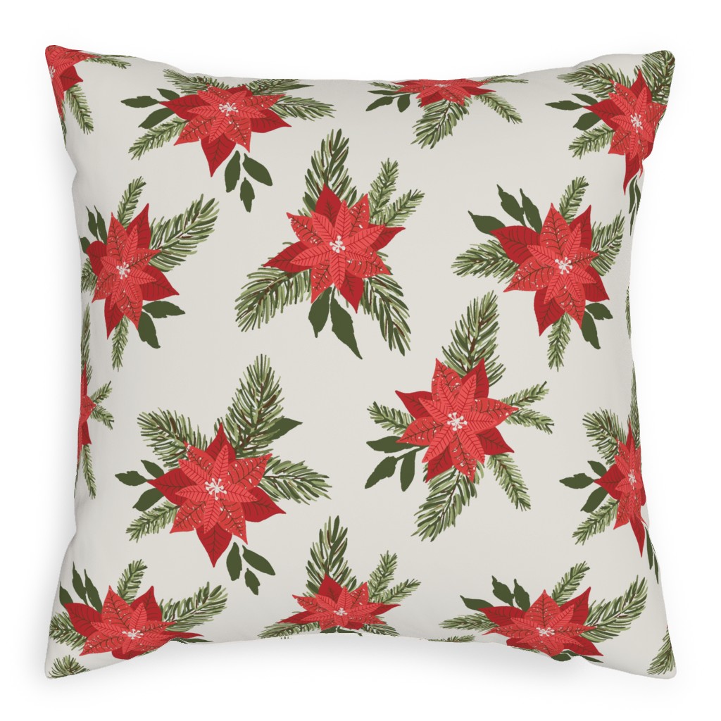 Red Poinsettia Christmas Flowers Pillow, Woven, Beige, 20x20, Single Sided, Red