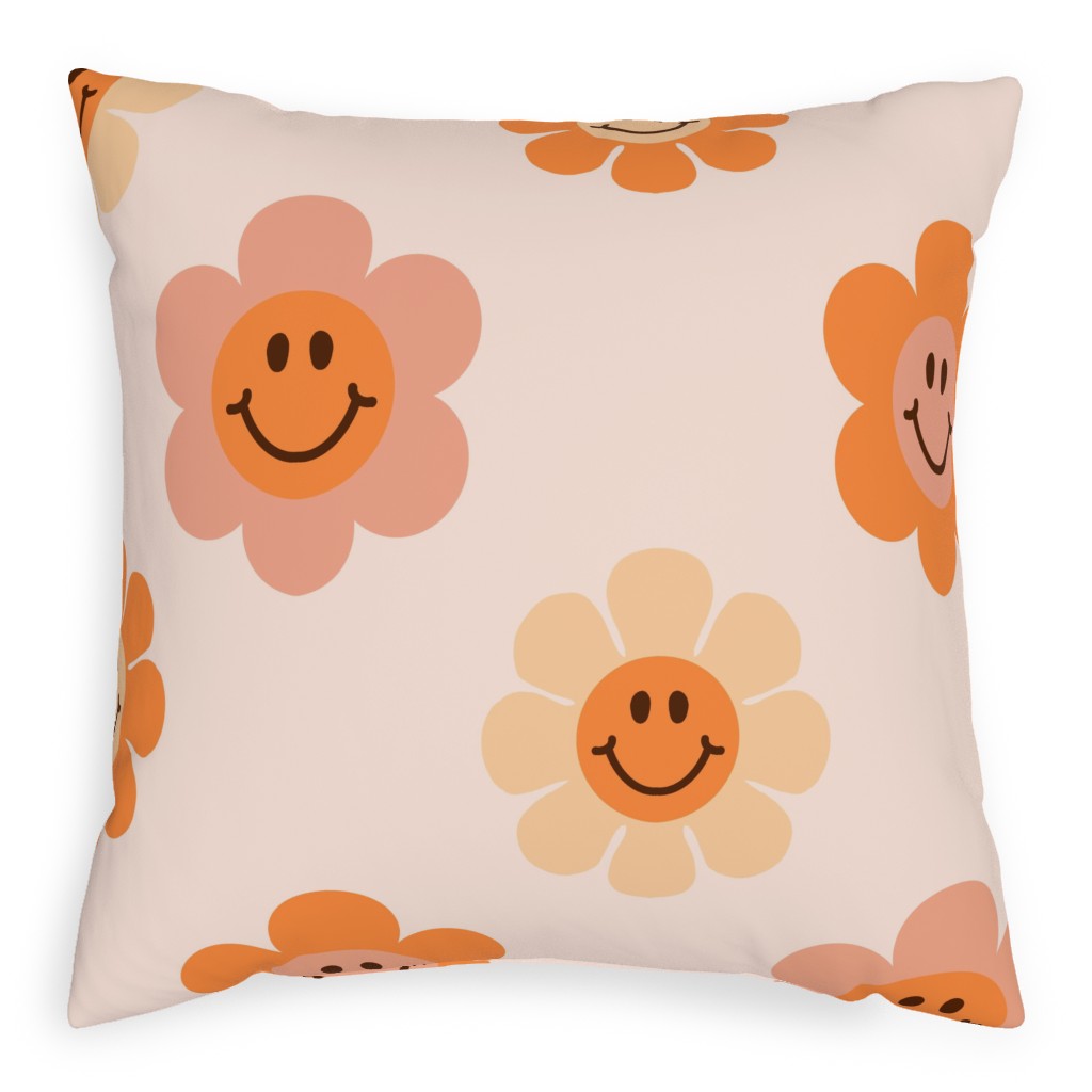 Smiley Floral - Orange Pillow, Woven, Beige, 20x20, Single Sided, Orange