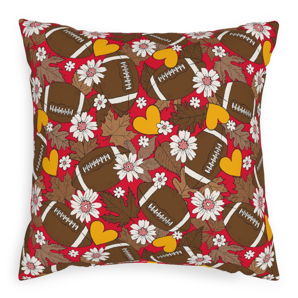 Football Fall and Florals Pillow, Woven, Beige, 20x20, Single Sided, Red, Radish