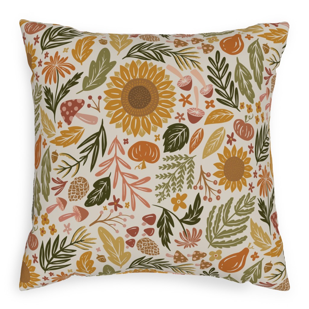 Autumn Botanicals - Leaves, Acorns, Sunflowers, Ferns, Mums, Pinecones, Mushrooms - Light Pillow, Woven, Beige, 20x20, Single Sided, Multicolor