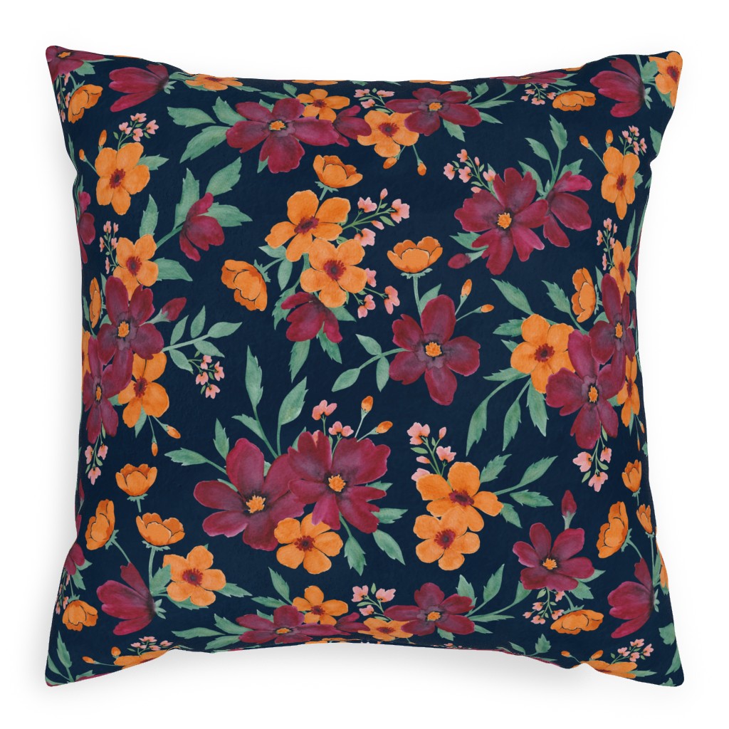 Watercolor Autumn Florals - Navy Pillow, Woven, Beige, 20x20, Single Sided, Multicolor