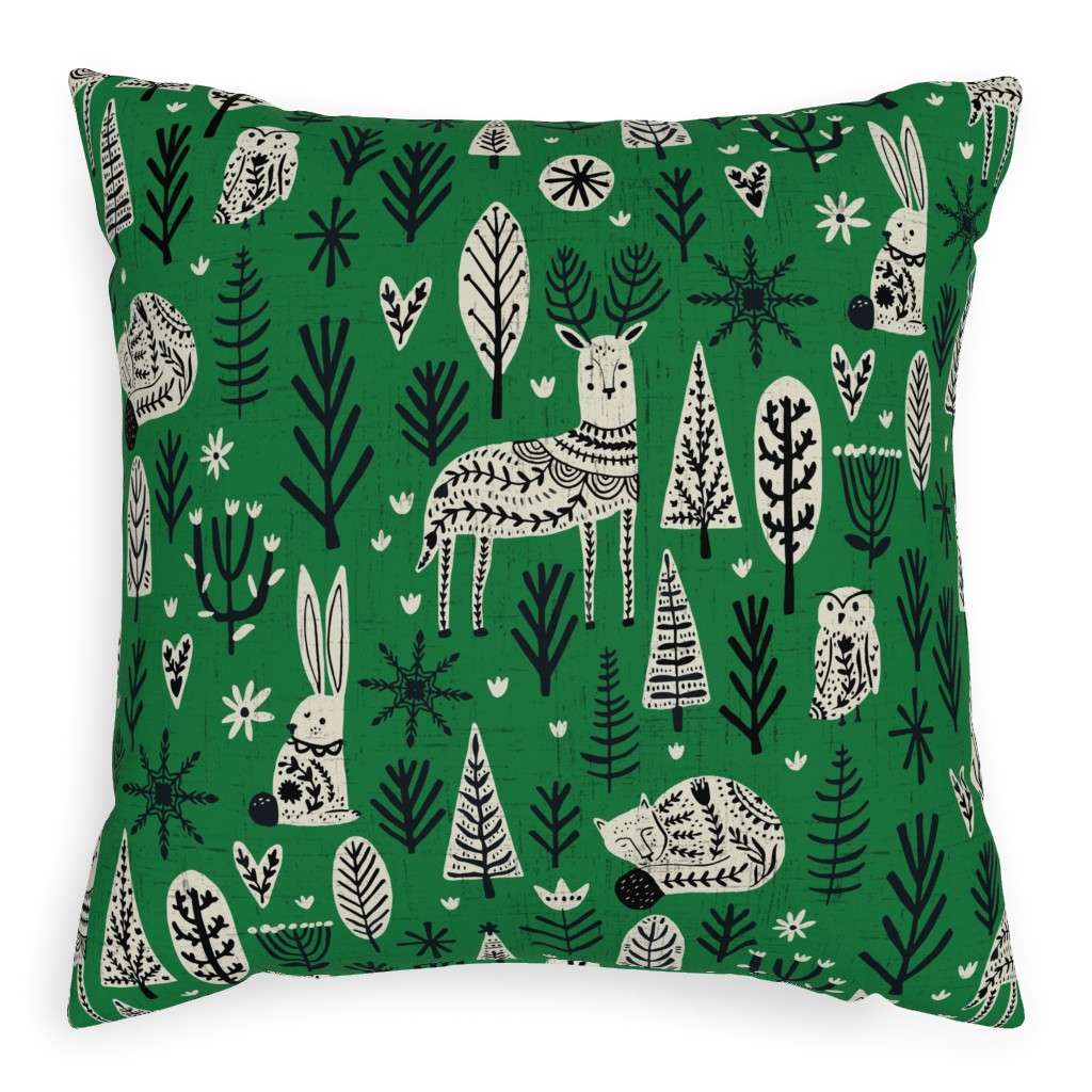 Scandi Snowflake Holiday - Alligator Green With Vanilla & Black Pillow, Woven, Beige, 20x20, Single Sided, Green