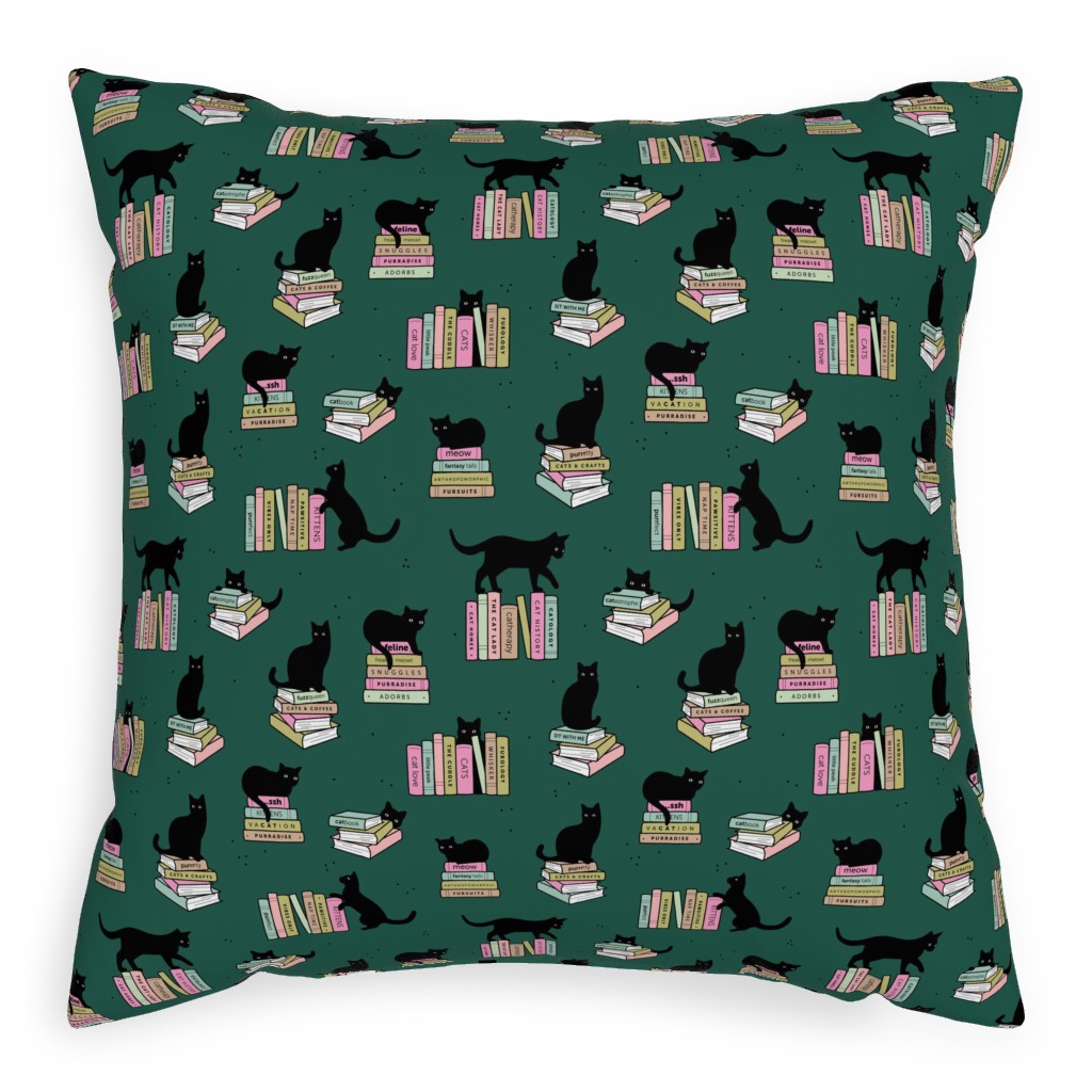 Cats and Books Pillow, Woven, Beige, 20x20, Single Sided, Green