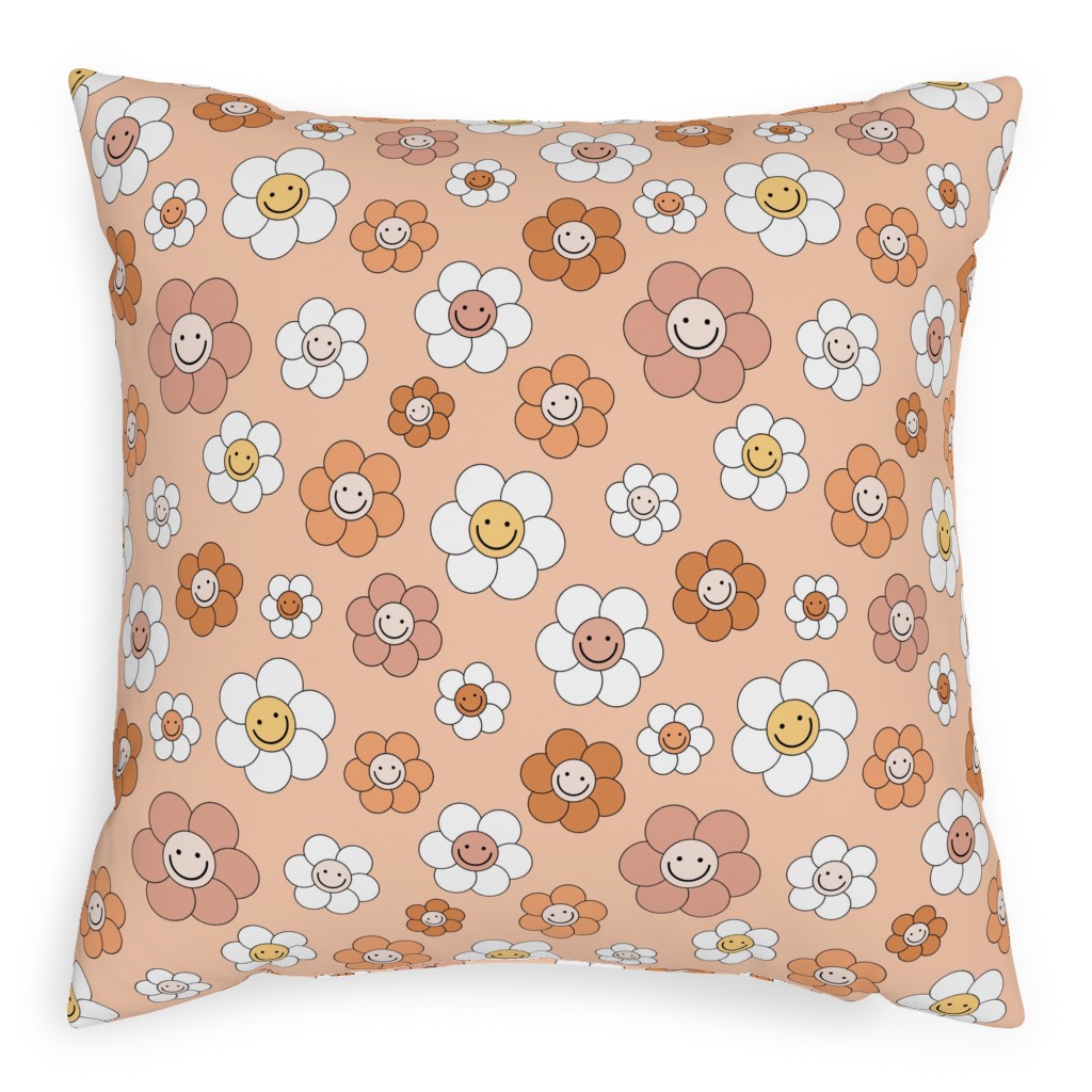 Sweet Smiling Daisies Pillow, Woven, Beige, 20x20, Single Sided, Pink