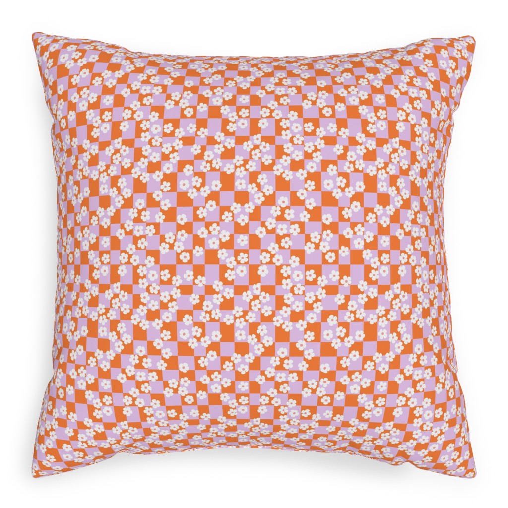 Checkered Daisies Retro - Orange and Pink Pillow, Woven, Beige, 20x20, Single Sided, Multicolor