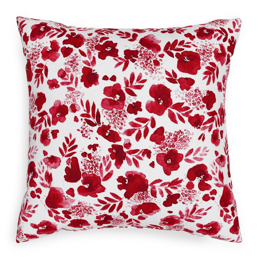 Floret Floral - Red Pillow, Woven, Beige, 20x20, Single Sided, Red, Red