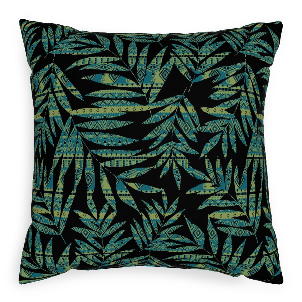 Patterned Palm - Dark Pillow, Woven, Beige, 20x20, Single Sided, Black