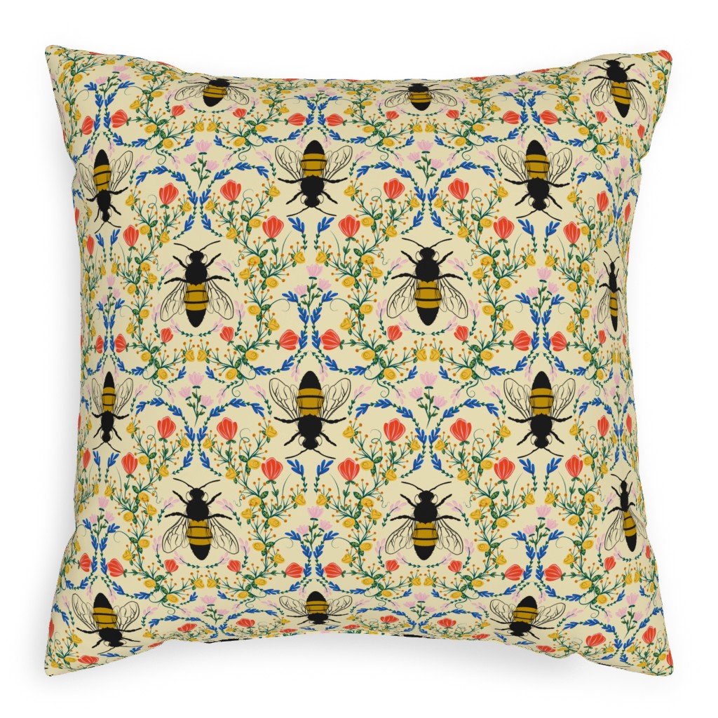 Bee Garden - Multi on Cream Pillow, Woven, Beige, 20x20, Single Sided, Yellow, Classic Yellow