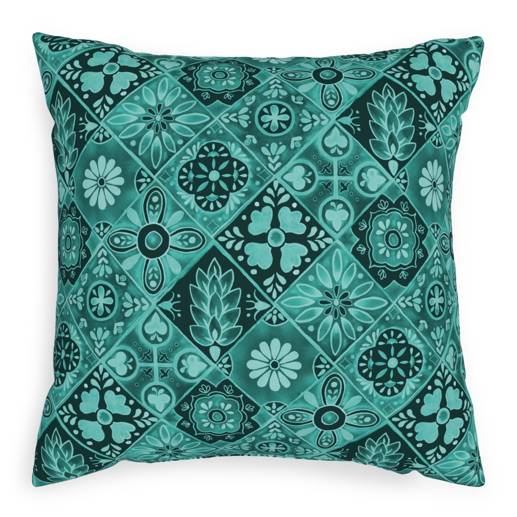 Watercolor Talavera Tiles Pillow, Woven, Beige, 20x20, Single Sided, Green