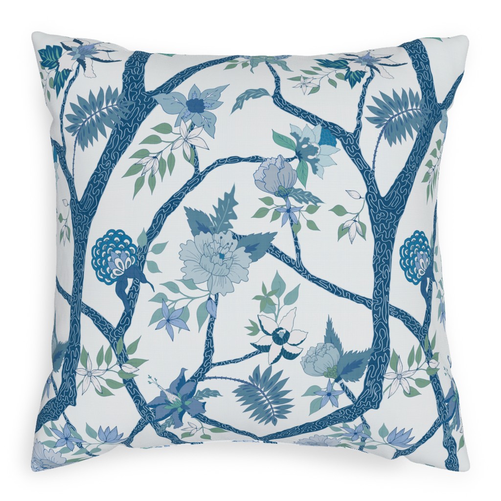 Peony Branch Mural - Blue and Green Pillow, Woven, Beige, 20x20, Single Sided, Blue