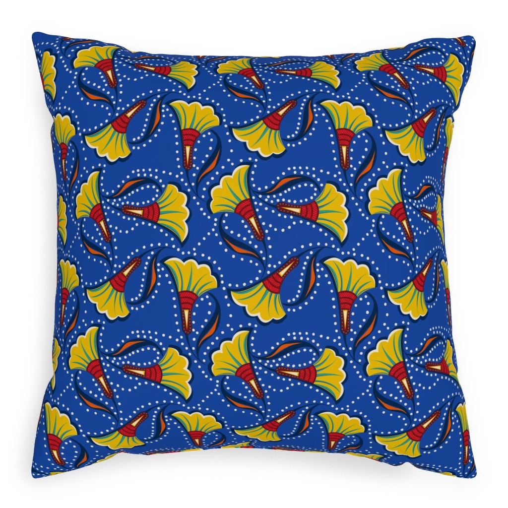 African Floral Pillow, Woven, Beige, 20x20, Single Sided, Blue, True Blue