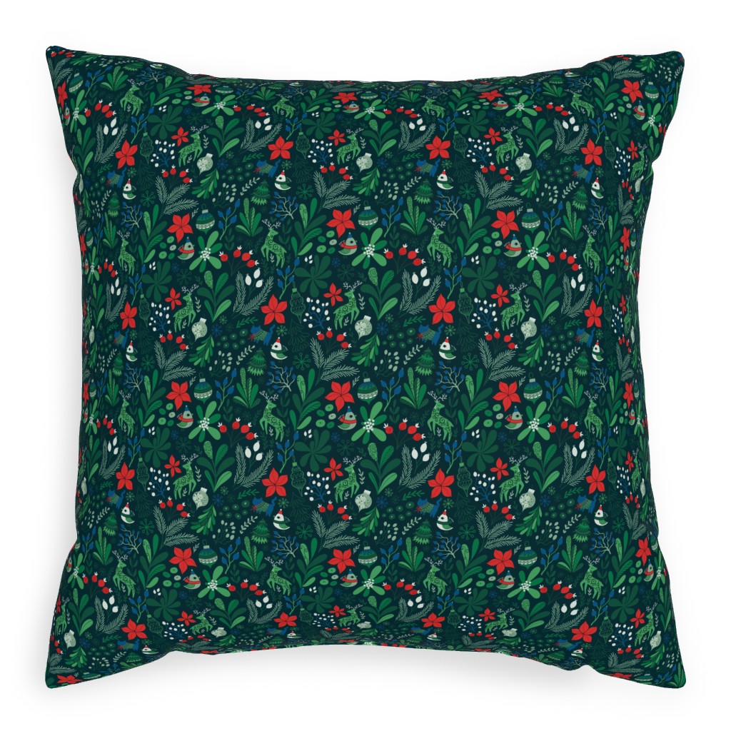 Merry Christmas Floral - Dark Pillow, Woven, Beige, 20x20, Single Sided, Green