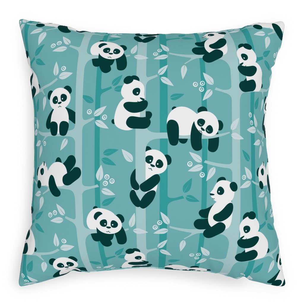 Pandas and Bamboo Pillow, Woven, Beige, 20x20, Single Sided, Blue