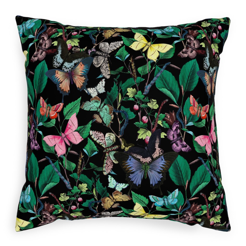 Butterfly Sanctuary - Multi on Black Pillow, Woven, Beige, 20x20, Single Sided, Multicolor
