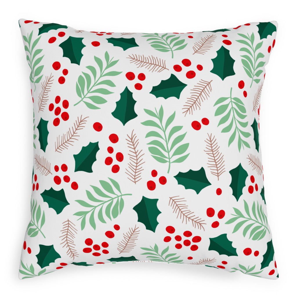 Botanical Christmas Garden Pine Leaves Holly Branch Berries - Green and Red Pillow, Woven, Beige, 20x20, Single Sided, Green