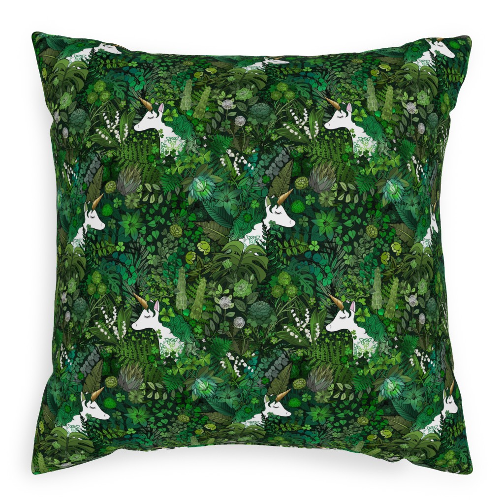 Irish Unicorn in a Green Garden Pillow, Woven, Beige, 20x20, Single Sided, Green, Classic Green