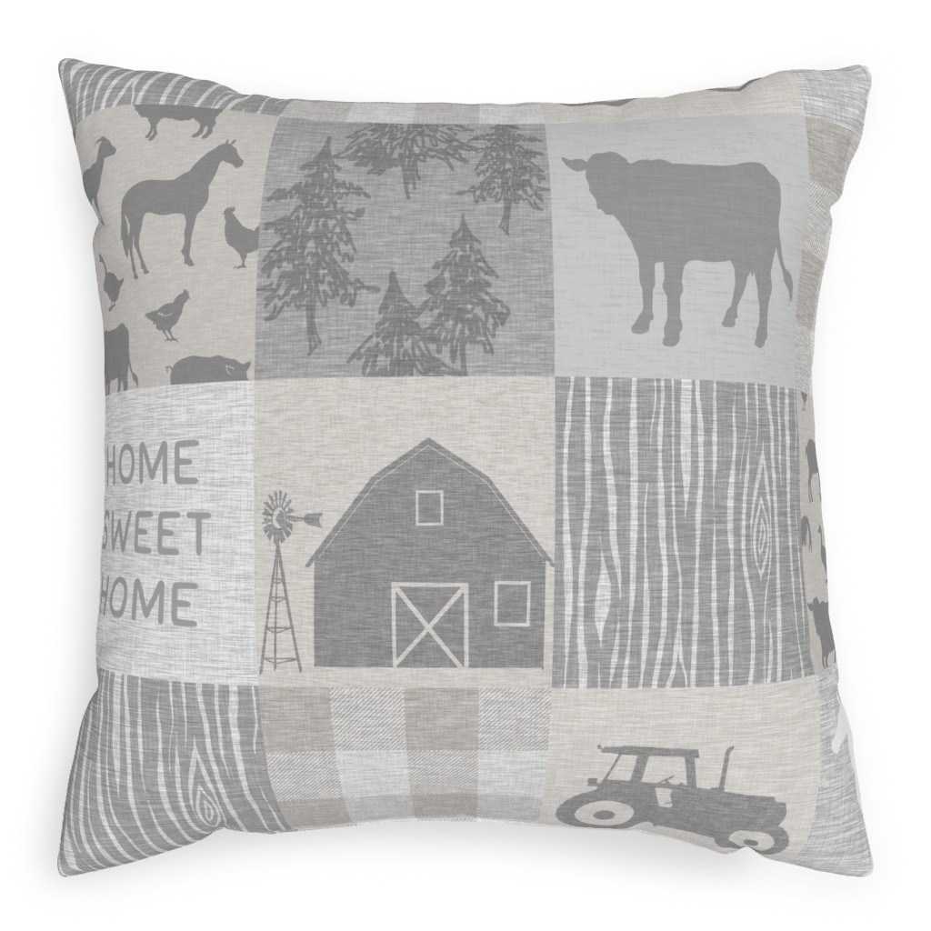 Home Sweet Home Farm - Grey and Cream Pillow, Woven, Beige, 20x20, Single Sided, Gray