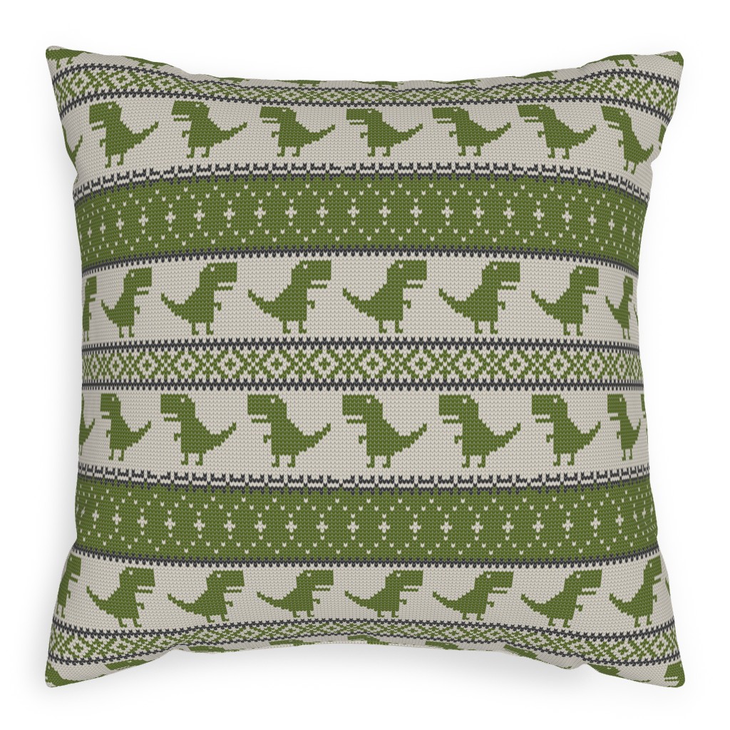 Fair Isle T-Rex Dino - Green Pillow, Woven, Beige, 20x20, Single Sided, Green, Classic Green