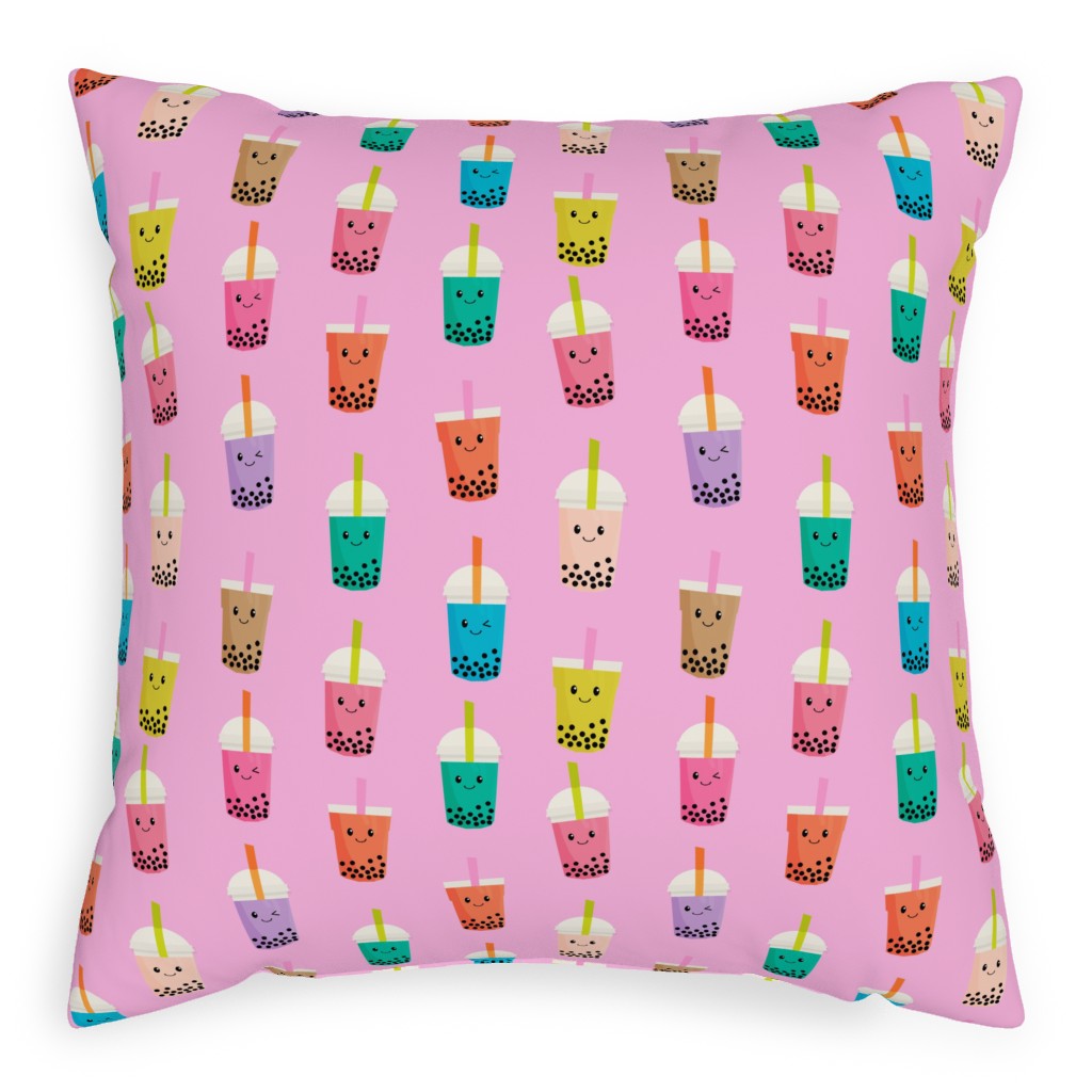 Boba Tea Pillow, Woven, Beige, 20x20, Single Sided, Pink, Bubblegum