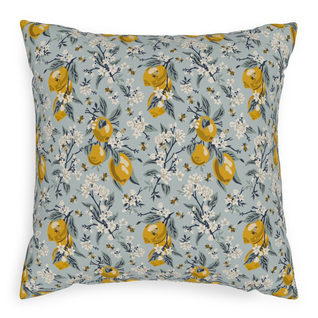 Bees, Blossoms & Lemons - Blue Pillow, Woven, Beige, 20x20, Single Sided, Blue