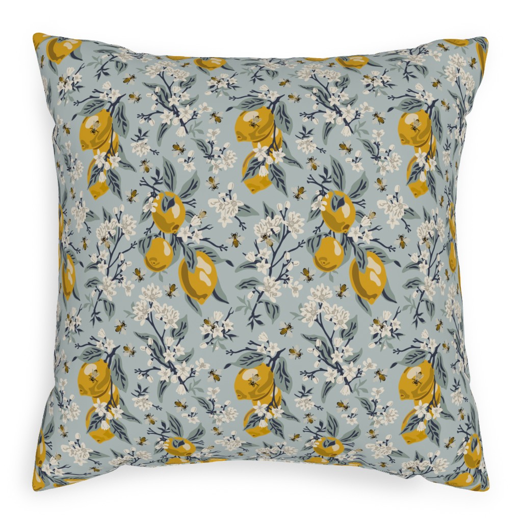 Bees, Blossoms & Lemons - Blue Pillow, Woven, Beige, 20x20, Single Sided, Blue, True Blue
