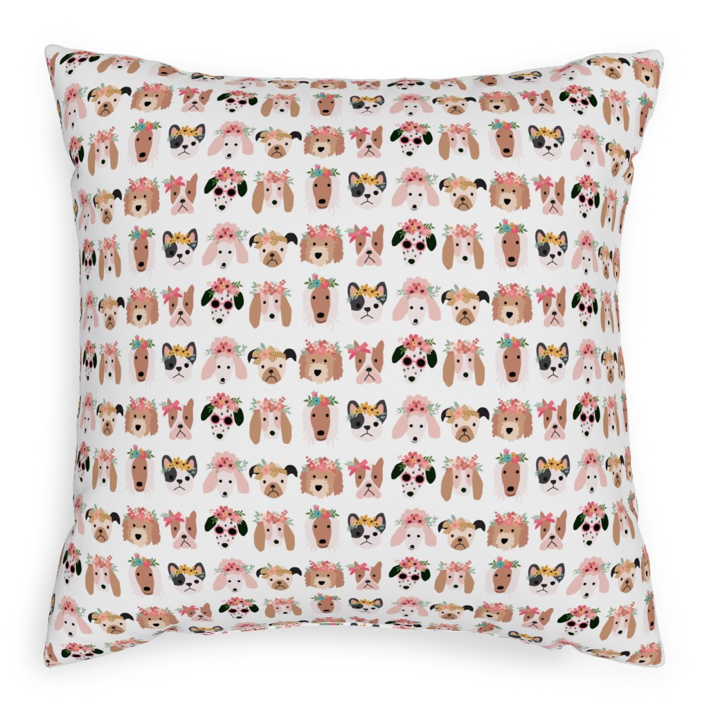 Puppy Dogs With Floral Crowns Pillow, Woven, Beige, 20x20, Single Sided, Multicolor