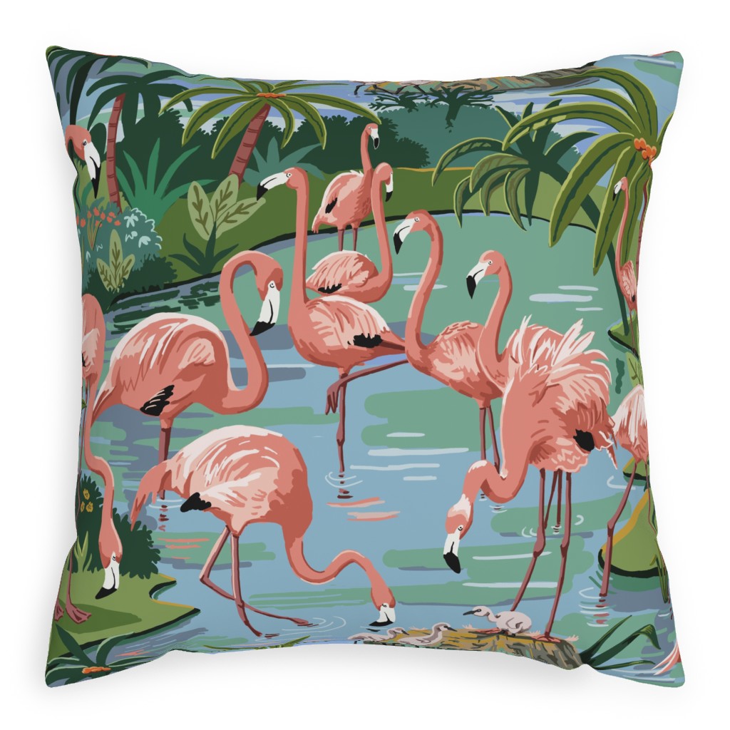 Flamingo Lagoon - Multicolor Pillow, Woven, Beige, 20x20, Single Sided, Multicolor