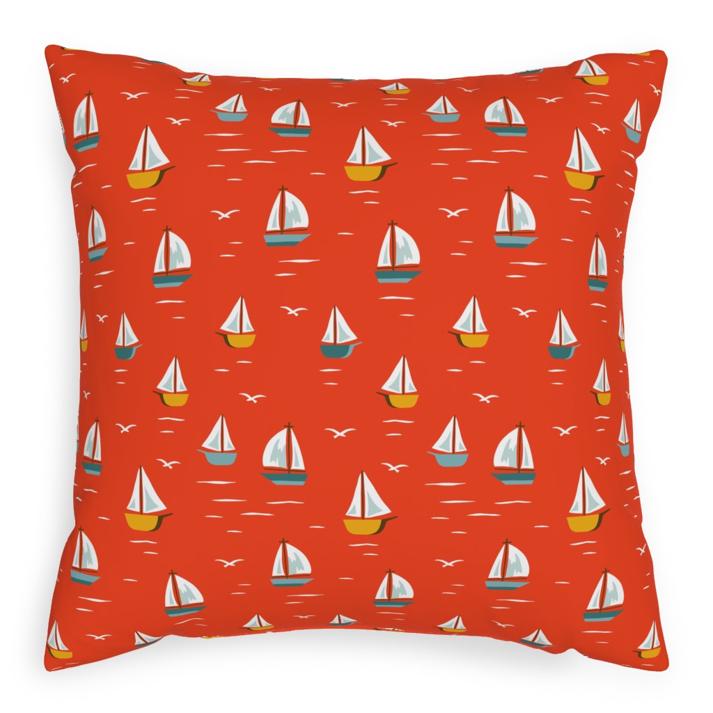 Sailboats Pillow, Woven, Beige, 20x20, Single Sided, Red