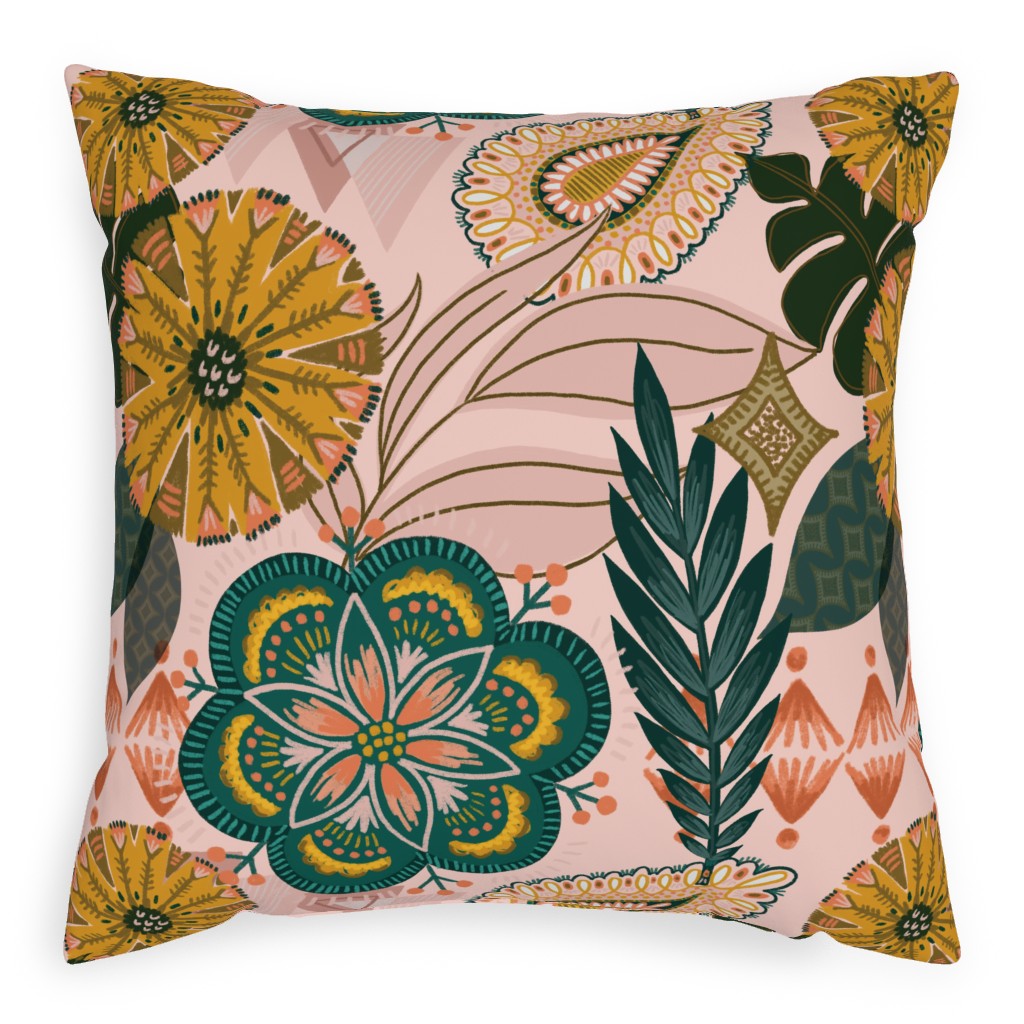 Boho Tropical - Floral - Pink Pillow, Woven, Beige, 20x20, Single Sided, Multicolor