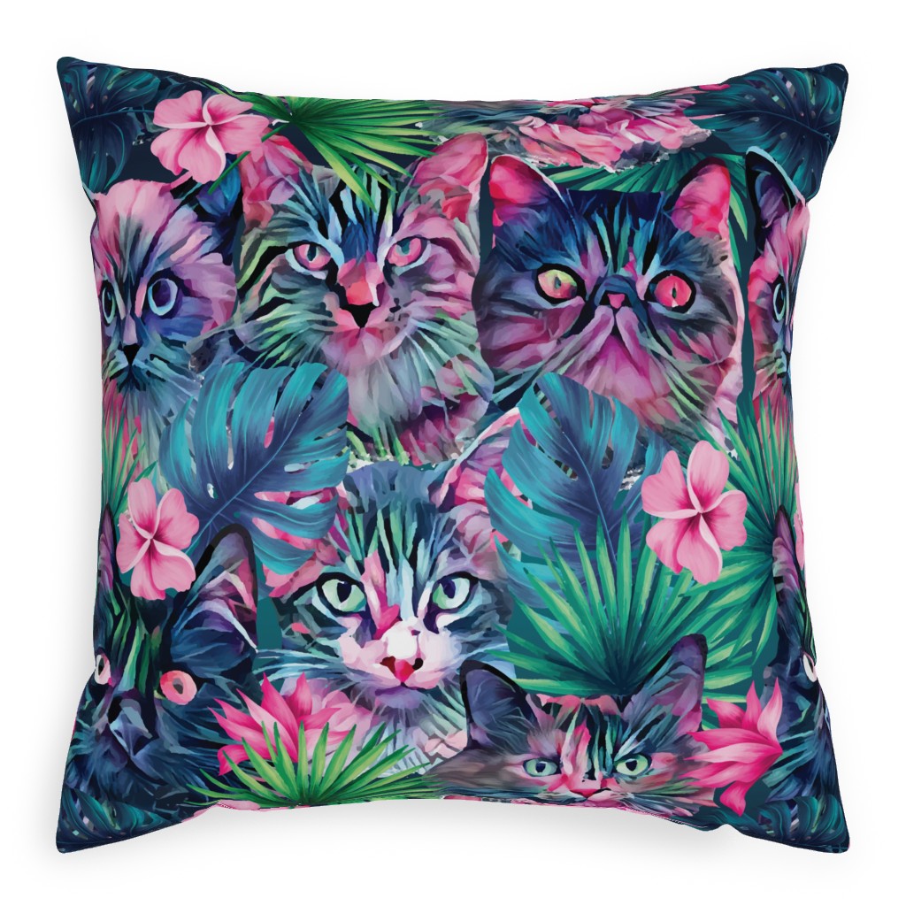 Cats and Summer Floral - Multi Pillow, Woven, Beige, 20x20, Single Sided, Multicolor