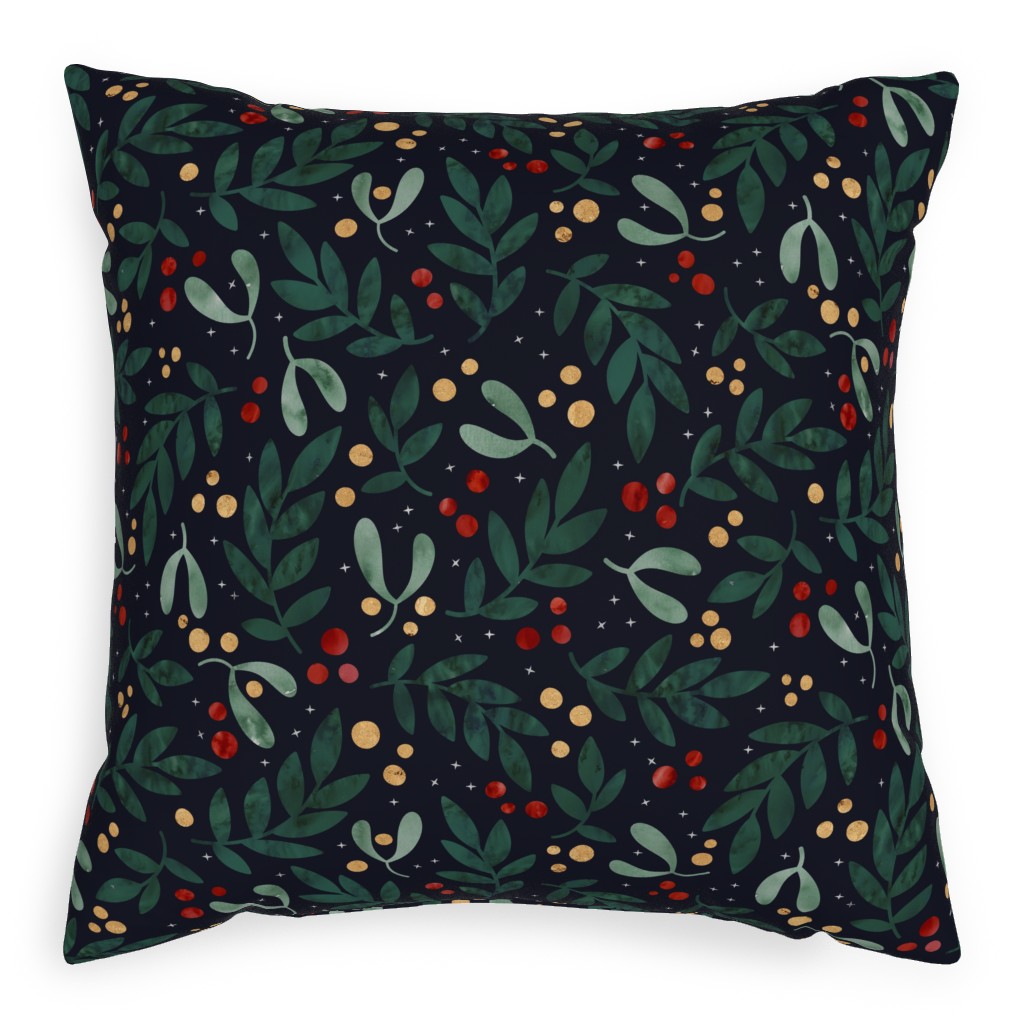 Christmas Berries - Dark Pillow, Woven, Beige, 20x20, Single Sided, Green