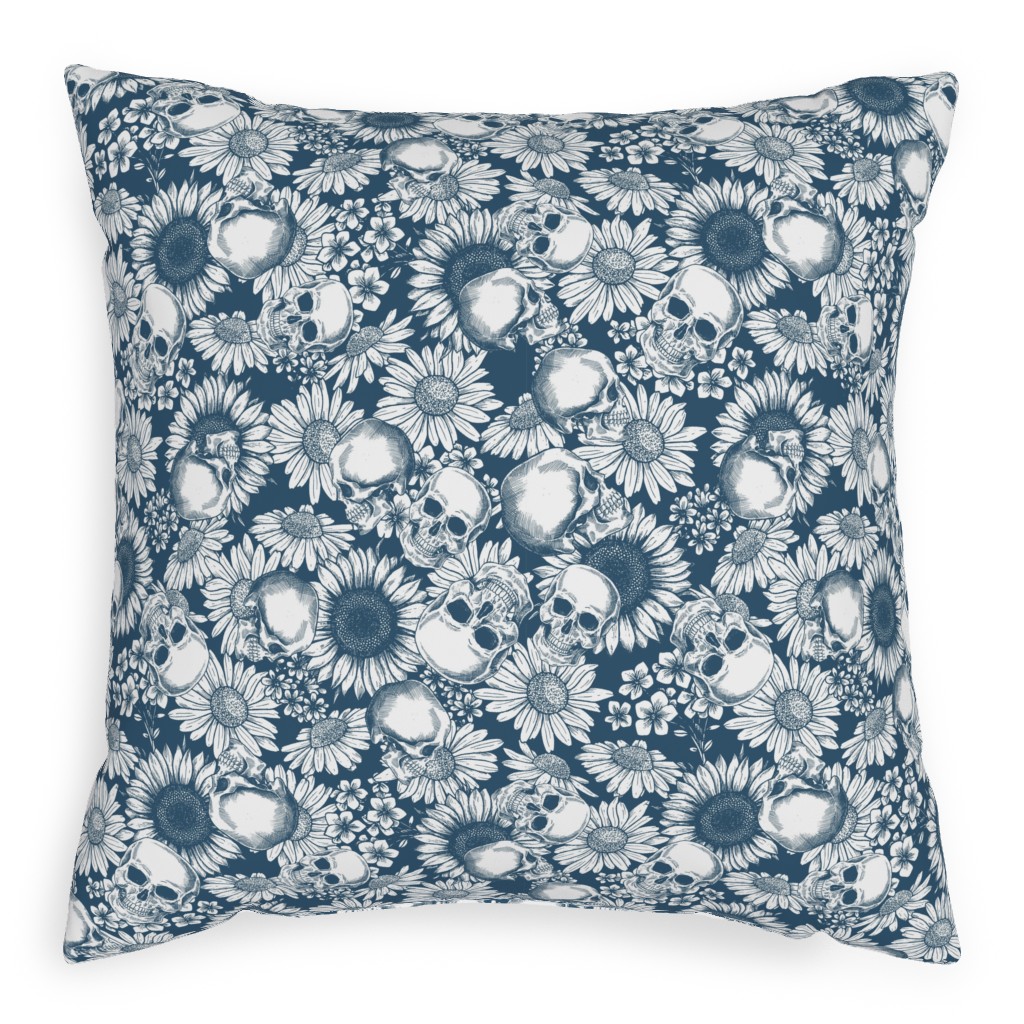 Floral Skull - Blue Pillow, Woven, Beige, 20x20, Single Sided, Blue