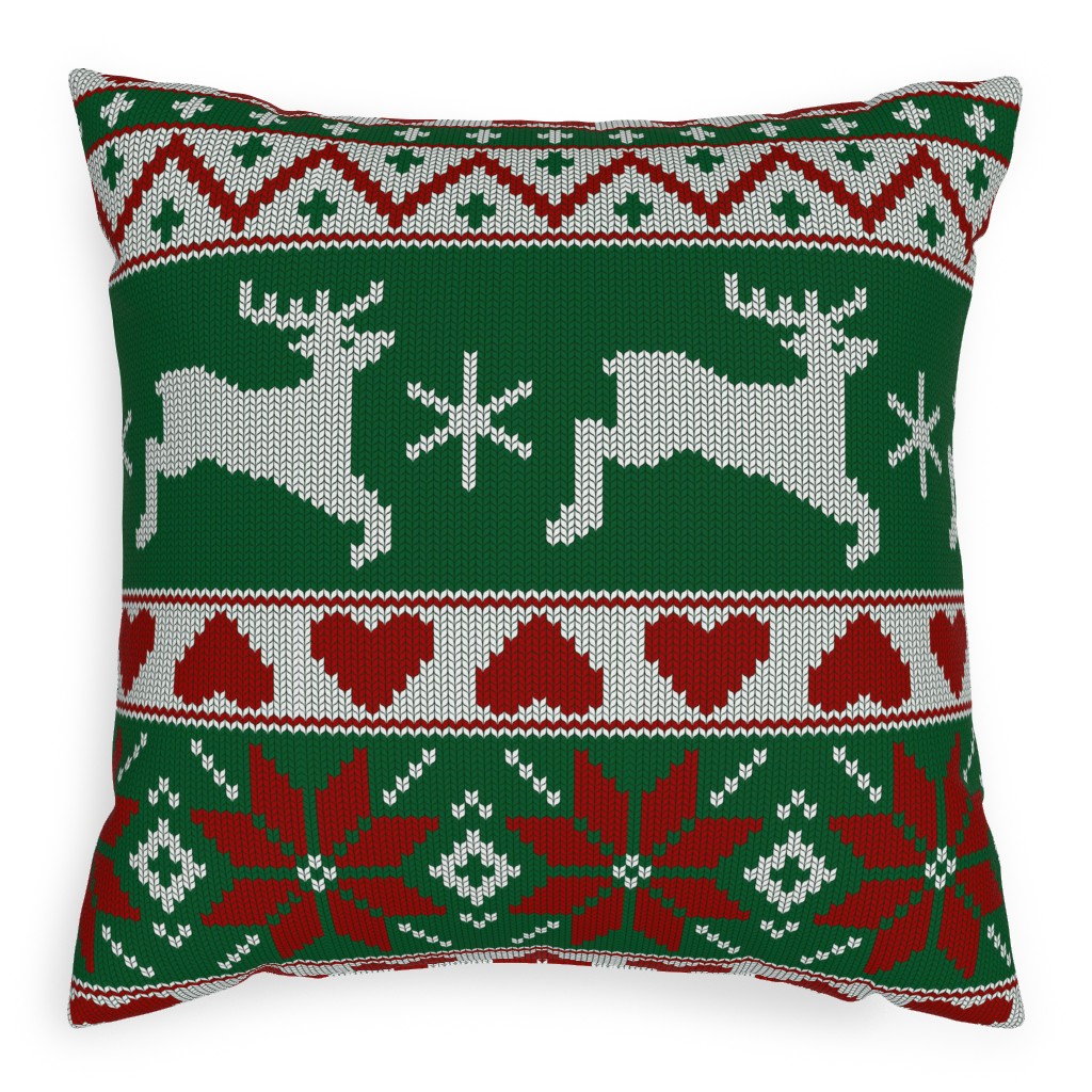 Christmas Knit - Green and Red Pillow, Woven, Beige, 20x20, Single Sided, Multicolor
