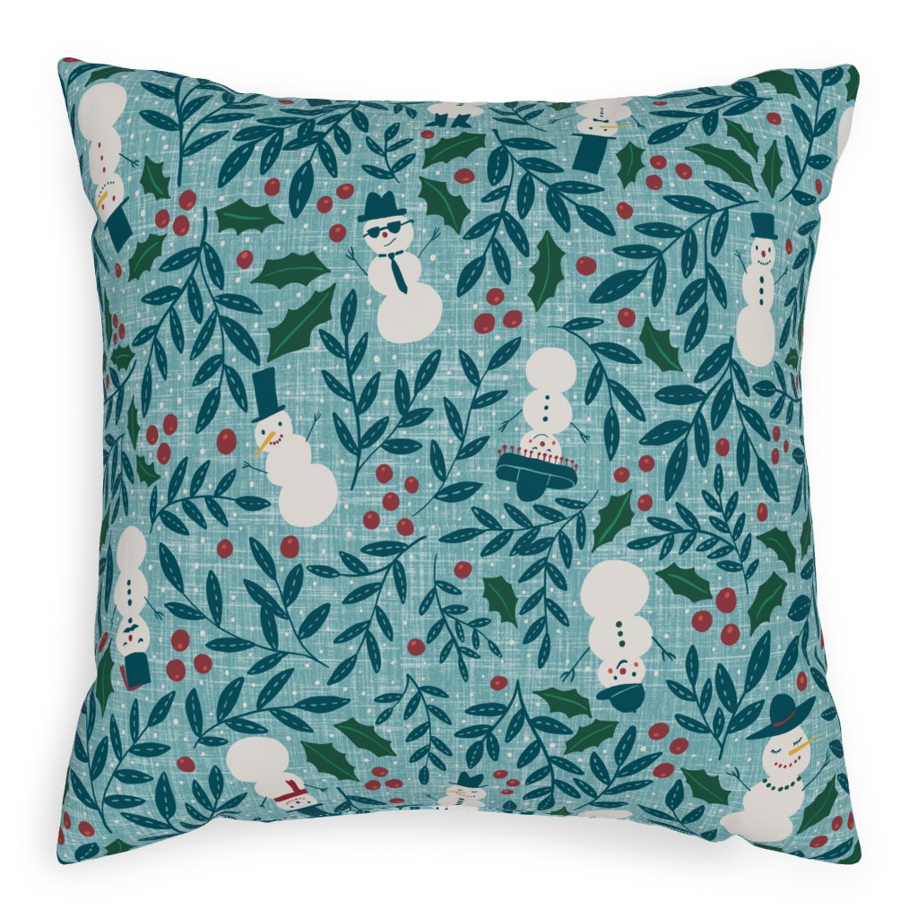 Snowmen in Winter Wonderland - Blue Pillow, Woven, Beige, 20x20, Single Sided, Blue
