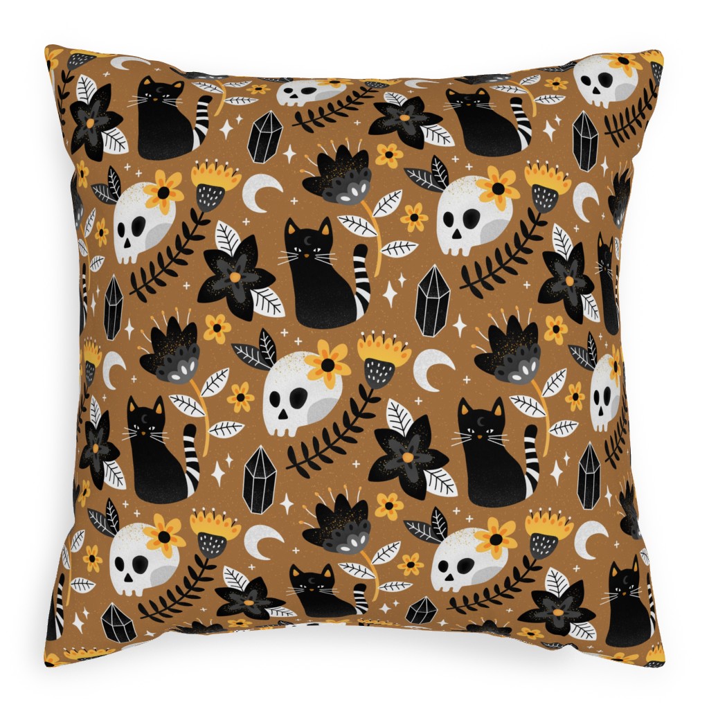 Black Cat & Floral Skull Pillow, Woven, Beige, 20x20, Single Sided, Brown